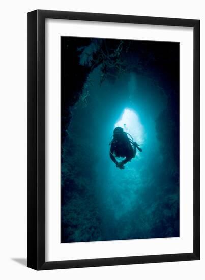 Diver Exploring a Blue Hole-Matthew Oldfield-Framed Photographic Print