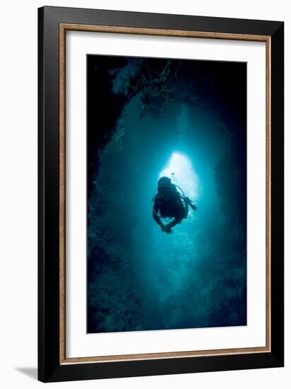 Diver Exploring a Blue Hole-Matthew Oldfield-Framed Photographic Print