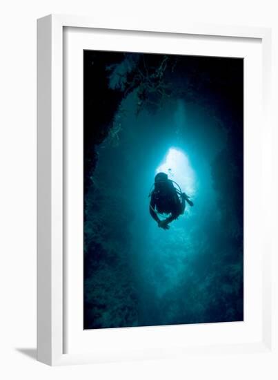 Diver Exploring a Blue Hole-Matthew Oldfield-Framed Photographic Print