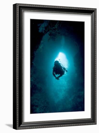 Diver Exploring a Blue Hole-Matthew Oldfield-Framed Photographic Print