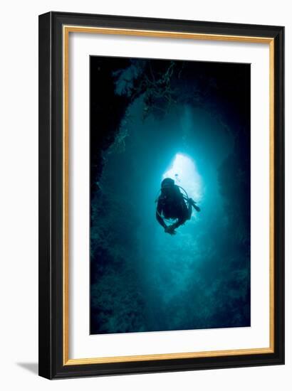 Diver Exploring a Blue Hole-Matthew Oldfield-Framed Photographic Print