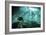 Diver Passes Through Light Beams in Chac Mool Cenote in Mexico-null-Framed Photographic Print