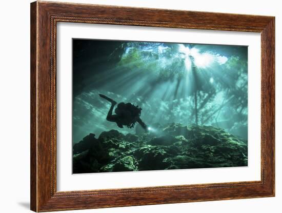 Diver Passes Through Light Beams in Chac Mool Cenote in Mexico-null-Framed Photographic Print