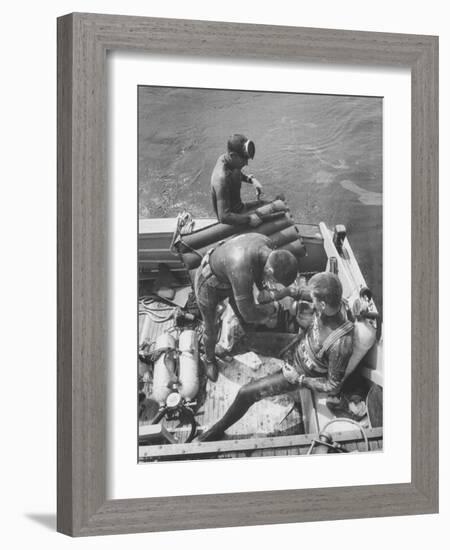 Divers Preparing to Dive to the Sunken Liner Andrea Doria-Peter Stackpole-Framed Photographic Print