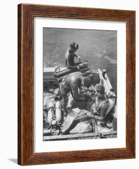 Divers Preparing to Dive to the Sunken Liner Andrea Doria-Peter Stackpole-Framed Photographic Print