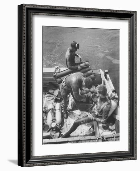 Divers Preparing to Dive to the Sunken Liner Andrea Doria-Peter Stackpole-Framed Photographic Print