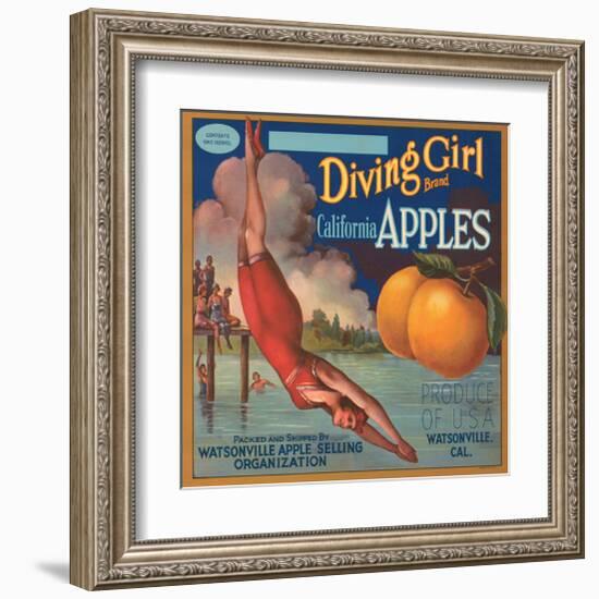 Diving Girl Brand California Apples-null-Framed Art Print