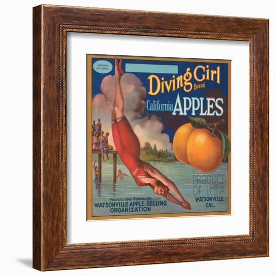 Diving Girl Brand California Apples-null-Framed Art Print