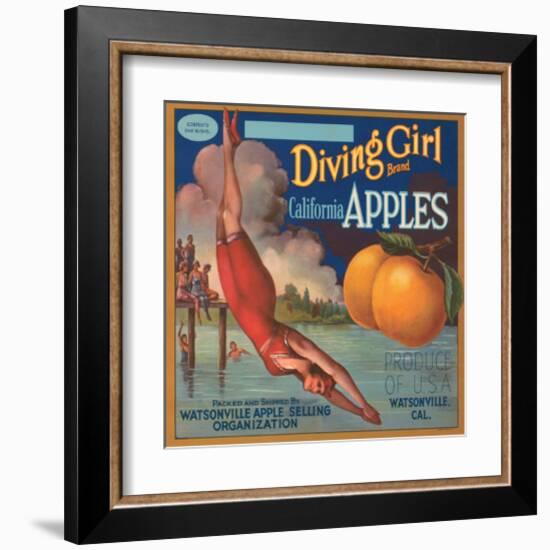 Diving Girl Brand California Apples-null-Framed Art Print