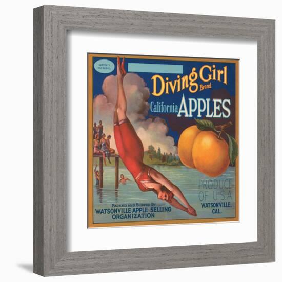 Diving Girl Brand California Apples-null-Framed Art Print