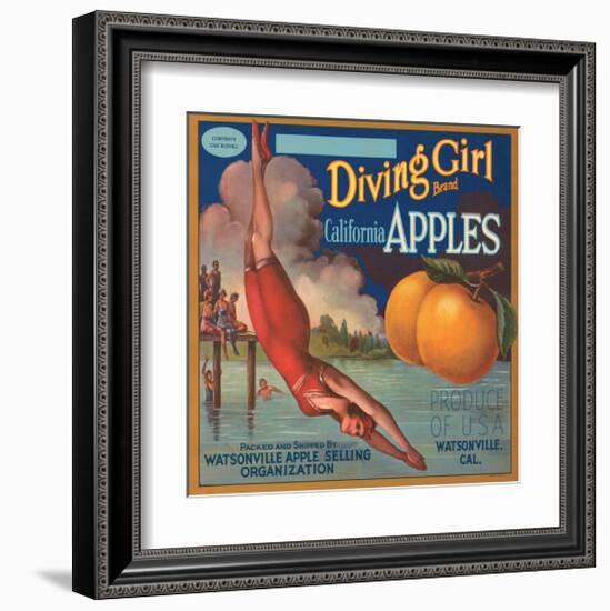 Diving Girl Brand California Apples-null-Framed Art Print