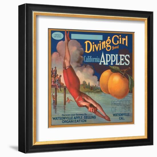 Diving Girl Brand California Apples-null-Framed Art Print