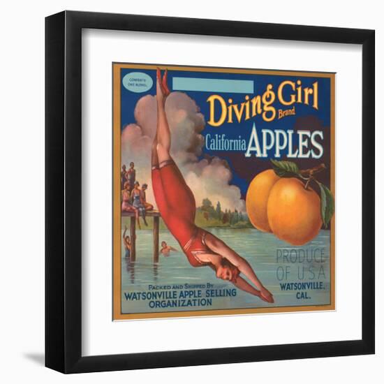 Diving Girl Brand California Apples-null-Framed Art Print