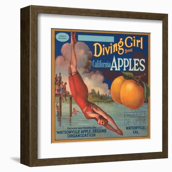 Diving Girl Brand California Apples-null-Framed Art Print