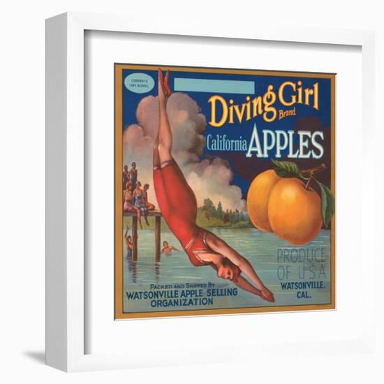 Diving Girl Brand California Apples-null-Framed Art Print