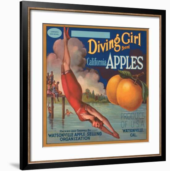 Diving Girl Brand California Apples-null-Framed Art Print