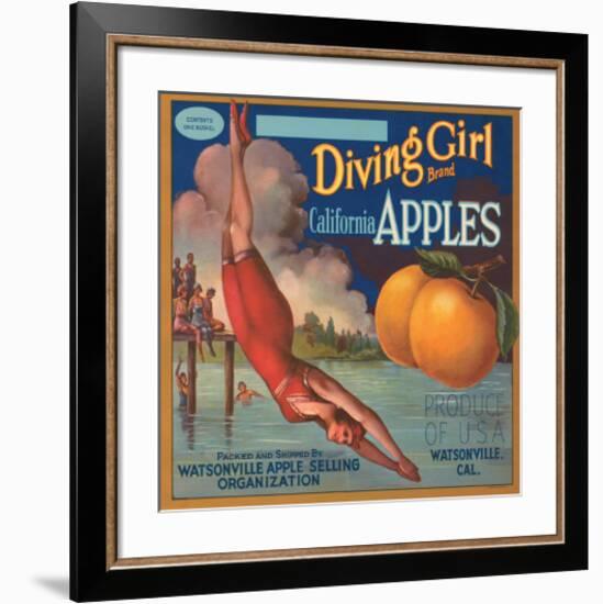 Diving Girl Brand California Apples-null-Framed Art Print