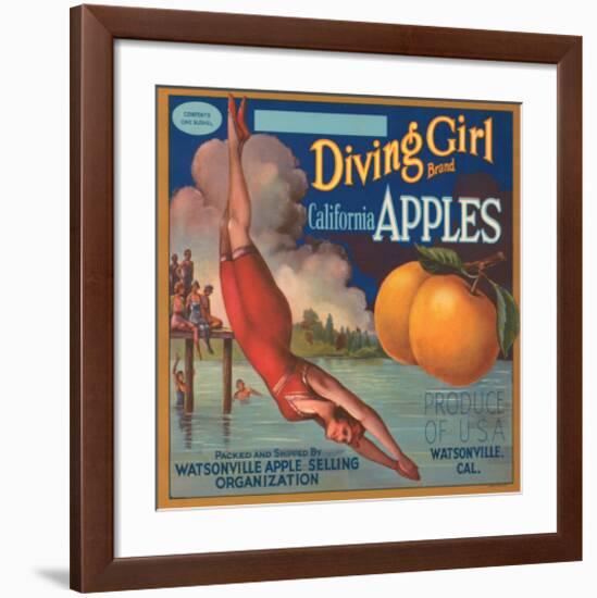 Diving Girl Brand California Apples-null-Framed Art Print