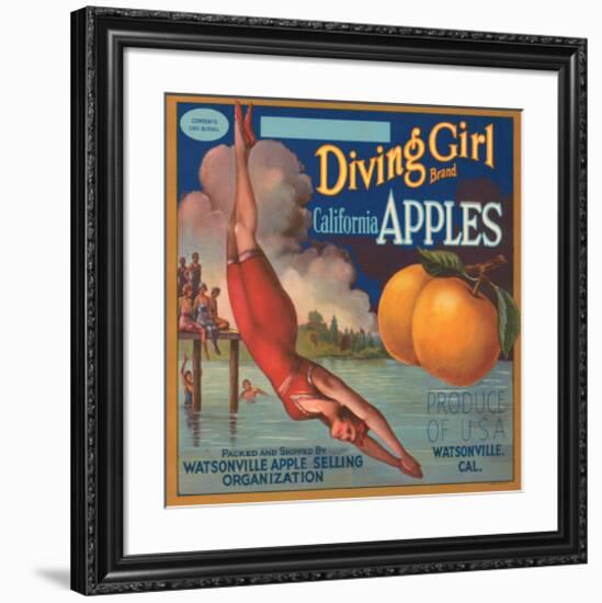 Diving Girl Brand California Apples-null-Framed Art Print