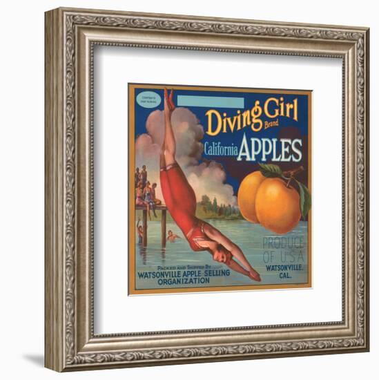 Diving Girl Brand California Apples-null-Framed Art Print