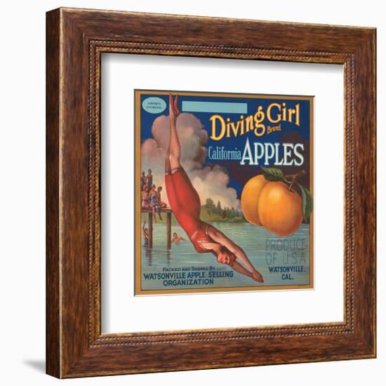 Diving Girl Brand California Apples-null-Framed Art Print