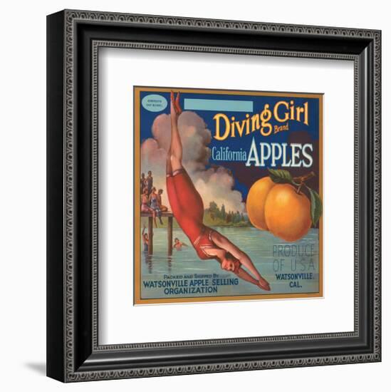 Diving Girl Brand California Apples-null-Framed Art Print