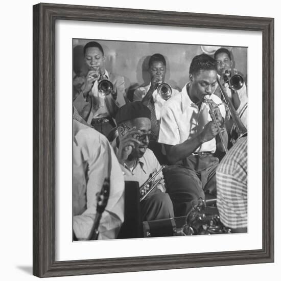 Dizzy Gillespie, "Bebop" King, with His Orchestra at a Jam Session-Allan Grant-Framed Premium Photographic Print