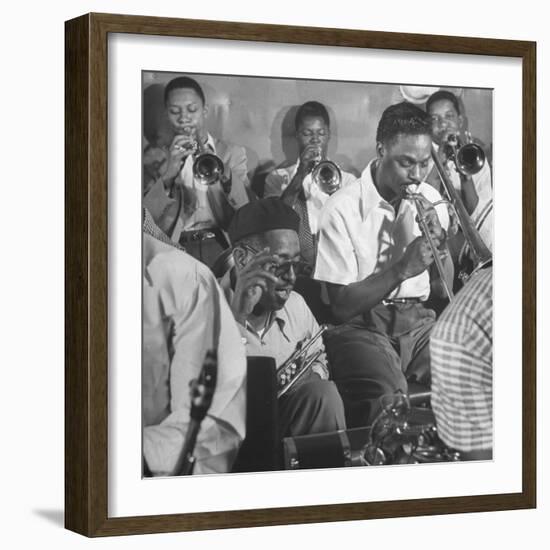 Dizzy Gillespie, "Bebop" King, with His Orchestra at a Jam Session-Allan Grant-Framed Premium Photographic Print