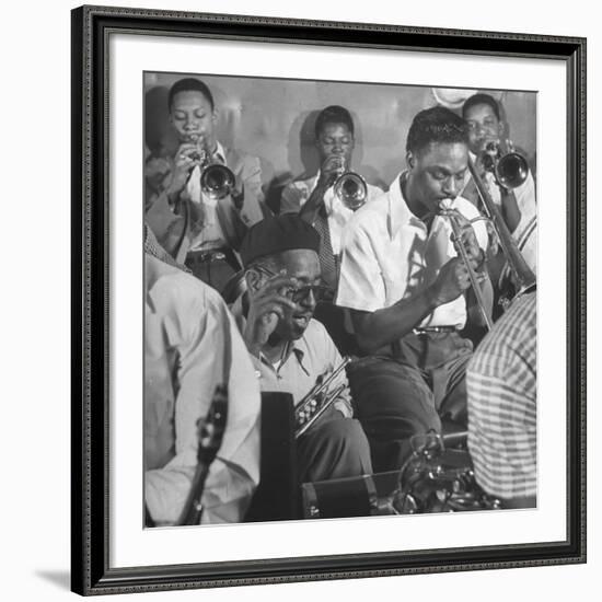 Dizzy Gillespie, "Bebop" King, with His Orchestra at a Jam Session-Allan Grant-Framed Premium Photographic Print