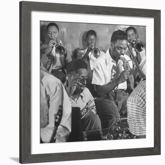 Dizzy Gillespie, "Bebop" King, with His Orchestra at a Jam Session-Allan Grant-Framed Premium Photographic Print