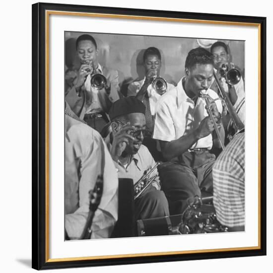 Dizzy Gillespie, "Bebop" King, with His Orchestra at a Jam Session-Allan Grant-Framed Premium Photographic Print