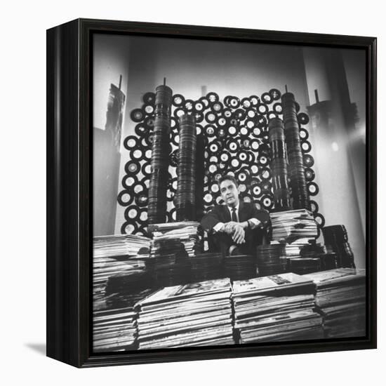 DJ William B. Williams Sitting Amid the 8,000 Records a DJ Receives Each Year from Record Companies-Joe Scherschel-Framed Premier Image Canvas