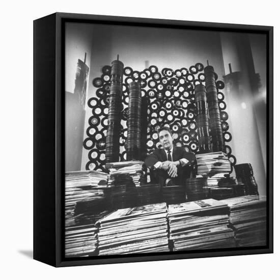 DJ William B. Williams Sitting Amid the 8,000 Records a DJ Receives Each Year from Record Companies-Joe Scherschel-Framed Premier Image Canvas