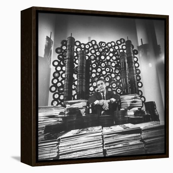 DJ William B. Williams Sitting Amid the 8,000 Records a DJ Receives Each Year from Record Companies-Joe Scherschel-Framed Premier Image Canvas