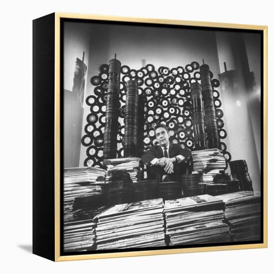 DJ William B. Williams Sitting Amid the 8,000 Records a DJ Receives Each Year from Record Companies-Joe Scherschel-Framed Premier Image Canvas