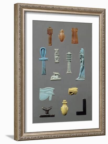 Djed, oudjat jaune, coeur, Ankh, oudjat bleu, Bès, Isis, deux plumes cornaline, lièvre, équerre-null-Framed Giclee Print