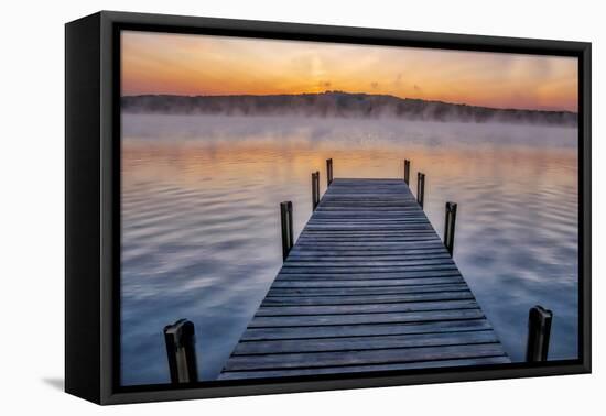 Dock on Long Lake at sunrise, Bridgton, Maine-Lisa Engelbrecht-Framed Premier Image Canvas