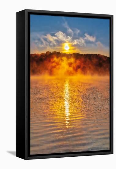 Dock on Long Lake at sunrise, Bridgton, Maine-Lisa Engelbrecht-Framed Premier Image Canvas