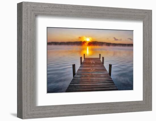 Dock on Long Lake at sunrise, Bridgton, Maine-Lisa Engelbrecht-Framed Photographic Print