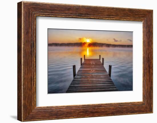 Dock on Long Lake at sunrise, Bridgton, Maine-Lisa Engelbrecht-Framed Photographic Print