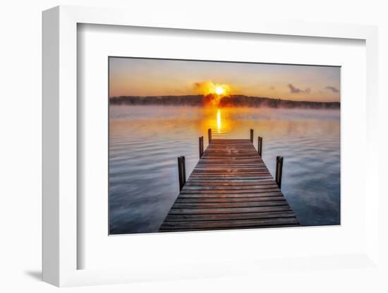 Dock on Long Lake at sunrise, Bridgton, Maine-Lisa Engelbrecht-Framed Photographic Print