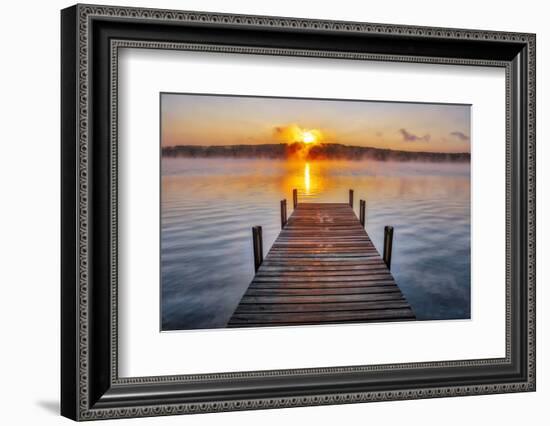 Dock on Long Lake at sunrise, Bridgton, Maine-Lisa Engelbrecht-Framed Photographic Print