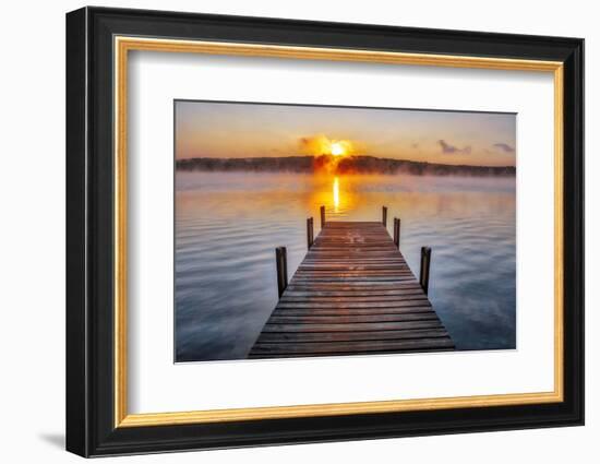 Dock on Long Lake at sunrise, Bridgton, Maine-Lisa Engelbrecht-Framed Photographic Print