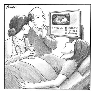 Doctor and couple look at sonogram which shows fetus and option of sharing…  - New Yorker Cartoon' Premium Giclee Print - Harry Bliss 