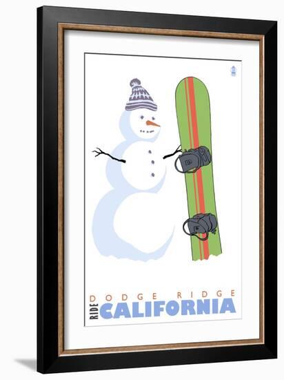 Dodge Ridge, California, Snowman with Snowboard-Lantern Press-Framed Premium Giclee Print
