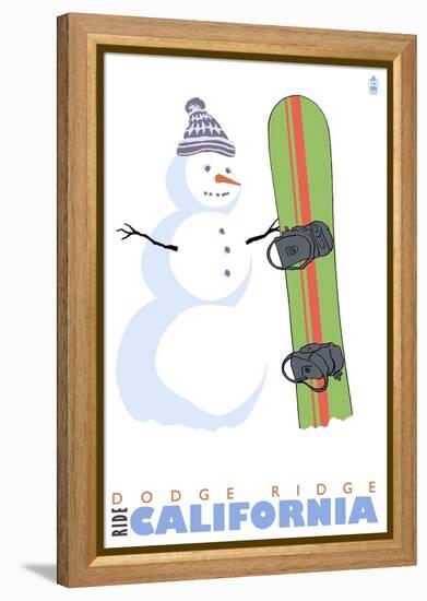 Dodge Ridge, California, Snowman with Snowboard-Lantern Press-Framed Stretched Canvas