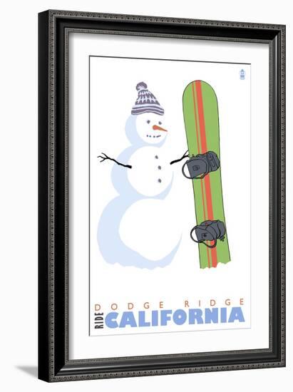 Dodge Ridge, California, Snowman with Snowboard-Lantern Press-Framed Art Print