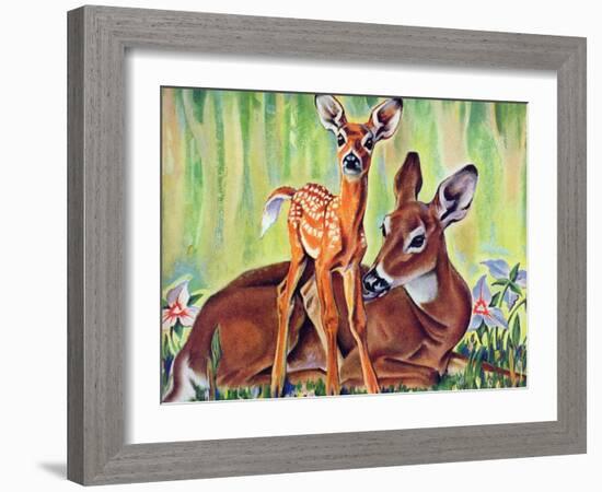 "Doe and Fawn in Forest," June 1, 1940-Paul Bransom-Framed Giclee Print