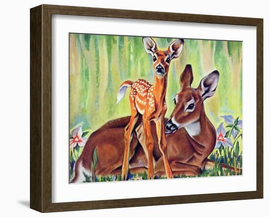 "Doe and Fawn in Forest," June 1, 1940-Paul Bransom-Framed Giclee Print