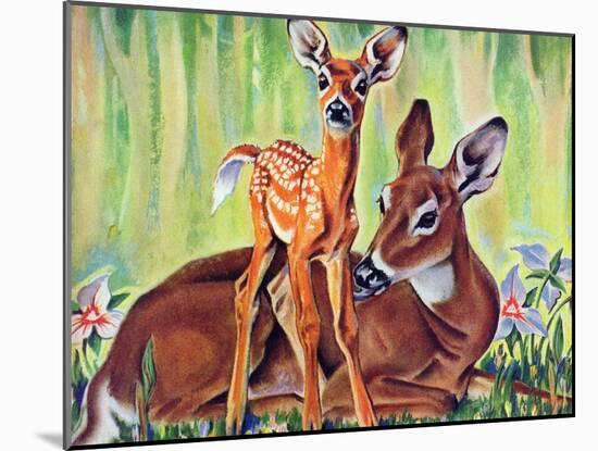 "Doe and Fawn in Forest," June 1, 1940-Paul Bransom-Mounted Giclee Print